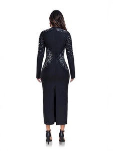 Elegant black long sleeve bandage dress with silver rhinestone embellishments and back slit