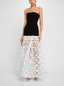 Elegant strapless black bodice gown with 3D white flower appliqué mesh puff skirt