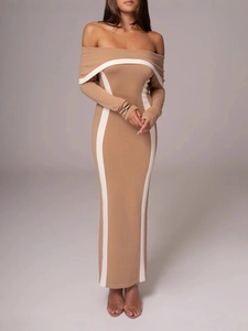 Robe Maxi Moulante Sexy À Épaules Dénudées Et Blocs De Couleurs Contrastées Pour Femmes Élégante Manches Longues Coupe Ajustée Fête Soirée Robe Longue Formelle