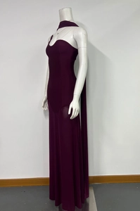 Detail view of the sleek neckline and matching neckband on this slim fit evening dress