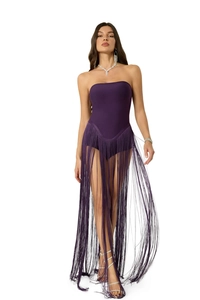 Detail of purple strapless bodysuit featuring long cascading fringe and sparkling sandals