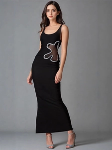 Abito Maxi Bodycon Nero Sexy da Donna in Rete con Strass Traforato Senza Maniche Scollo Quadrato Elegante Abito da Sera per Feste