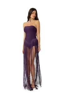 Detail view of purple strapless bandage dress featuring elegant long fringe tassel design