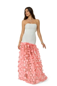 Detail of pink 3D flower applique skirt and white strapless bodice on party dress