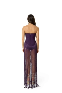 Detail view of the back zipper and long purple fringe layering on the corset dress