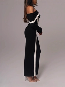 Robe longue moulante chic à épaules dénudées en noir et blanc avec manches longues