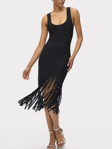 Robe Midi Bandage Noire Sans Manches Pour Femmes Avec Ourlet À Glands Et Rivets Robe De Soirée Sexy Bodycon Col Rond Zip Dos