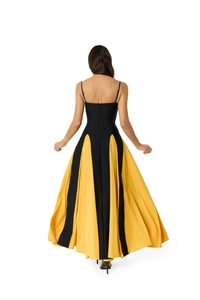 Back view of a long halter dress with contrast black and yellow panels and a back zipper