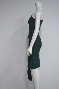Detail view of dark green bodycon bandage dress with one-shoulder design and ribbed texture