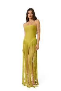 Detail of elegant olive yellow tube jumpsuit featuring long dynamic fringe trim detail