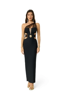 Detail of waist lion head buckle on a black mesh拼接 bandage dress for women