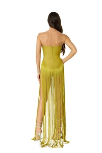 Back view of bodycon bandage dress in olive green featuring long fringe and rear zipper