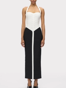 Women Elegant Halter Neck Bandage Midi Dress Black White Contrast Bodycon Sleeveless Backless Slit Evening Party Dress