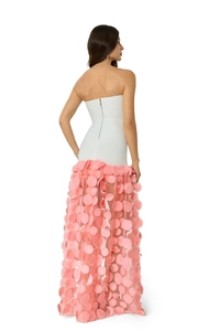 Close-up of pink tulle evening dress with 3D floral appliqués and back zipper detail