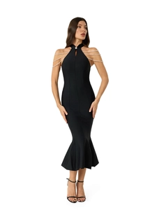 Women Elegant Halter Mermaid Dress Artificial Pearl Chain Shoulder Sleeveless Backless Bandage Bodycon Evening Party Banquet Long Dress