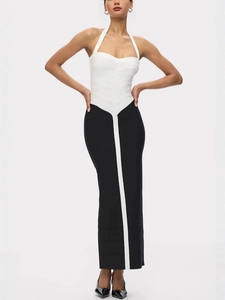 Elegant halter neck black and white color block bandage bodycon dress for women