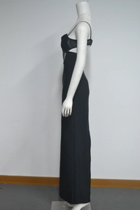 Detail view of the black evening dress with side mesh patchwork and slim fit design