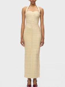 Élégante Robe Longue Bandage Or Champagne pour Femme Dos Nu Moulante Paillettes Métalliques Robe de Soirée Mariage