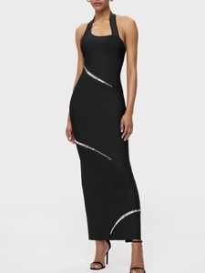 Sexy Robe Midi Bandage Noire Dos Nu Femmes Strass Ornée Sans Manches Près Du Corps Robe De Soirée Avec Fente