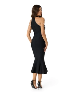 Elegant black sleeveless mermaid midi dress with luxury pearl chain shoulder straps