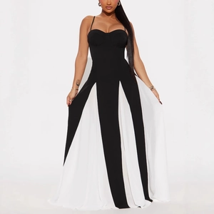 Detail view of contrast black and white slim fit bustier dress with maxi floor length
