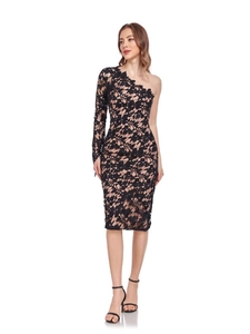 Elegant black one-shoulder lace dress for women featuring floral patterns and a slim fit
