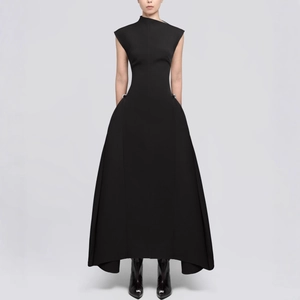 Robe Longue Élégante Sans Manches Asymétrique Col Montant Silhouette Trapèze Sculpturale Robe de Soirée Formelle Banquet
