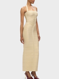 Robe de soirée élégante dorée champagne à col licou et bandage pour les fêtes