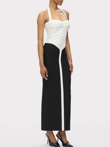 Elegant halter neck black and white patchwork bandage dress for women in slim fit style