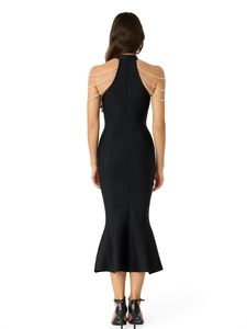Elegant black mermaid bandage dress with sleeveless backless design and pearl shoulder chains