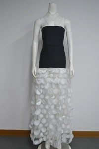 Detail of white 3D floral petals on a high-low strapless bandage evening party dress