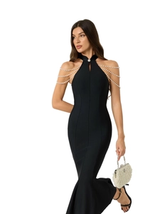 Elegant black mermaid bandage dress with off-shoulder pearl chains and halter neck