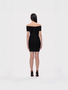 Mini robe bandage noire à épaules dénudées avec coupe ajustée et fermeture éclair au dos