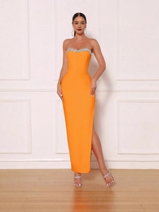 Elegantes Trägerloses Bandagenkleid Mit Strass Seitenschlitz Slim Fit Abendparty Bodycon Midikleid Für Damen Einfarbig