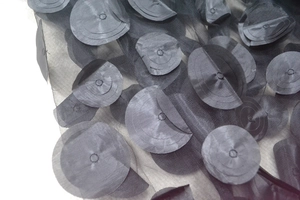 Detailed view of black mesh fabric with 3D layered circular floral appliques and textures