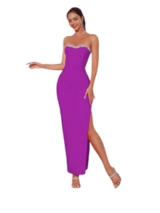 Sexy lila trägerloses figurbetontes Partykleid mit Strasssteinen und hohem Seitenschlitz