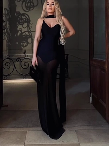 Sleeveless black evening gown with mesh panels and halter neck in European style