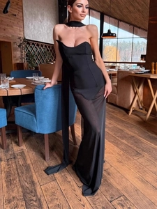 Elegant strapless black bandage evening dress with sheer mesh skirt and matching long scarf