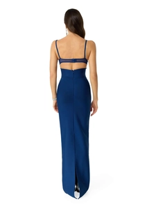 Deep blue backless evening gown with thin straps and a slim-fit bodycon floor-length skirt