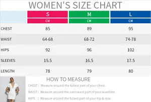 Detailed size chart for short sleeve V-neck dress including bust, waist, and hip measurements