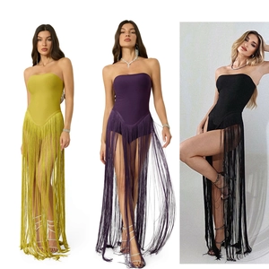 Women Sexy Tube Top Long Fringe Bodysuit Dress Elegant Tassel Bodycon Maxi Dress For Party Banquet Evening Gown Clubwear