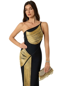 Femme Sexy Une Épaule Robe Bandage Élégante Noire Près du Corps Robe Maxi Avec Franges Métalliques Or Argent pour Fête
