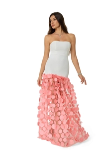 Elegant strapless party dress with a white bodice and pink 3D floral applique skirt