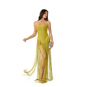 Elegant mustard green strapless bandage dress featuring long floor-length hanging fringe