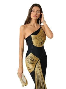 Robe bandage noire élégante à une épaule avec franges dorées et coupe moulante ajustée