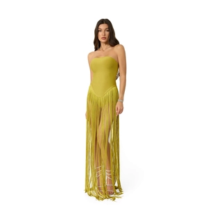 Elegant olive green strapless bodysuit featuring dramatic floor-length fringe skirt design