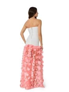Elegant strapless bandage dress with white bodice and pink 3D floral tulle puffy skirt