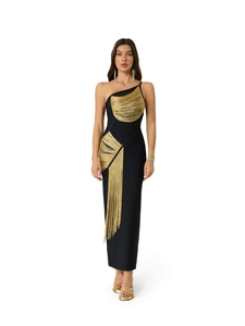 Robe bandage noire élégante à une épaule avec des franges métalliques dorées chic