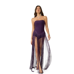 Dark purple tube top jumpsuit featuring long dramatic fringe for elegant party wear