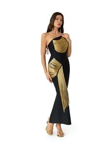 Robe bandage noire élégante à une épaule avec franges dorées et silhouette sirène chic